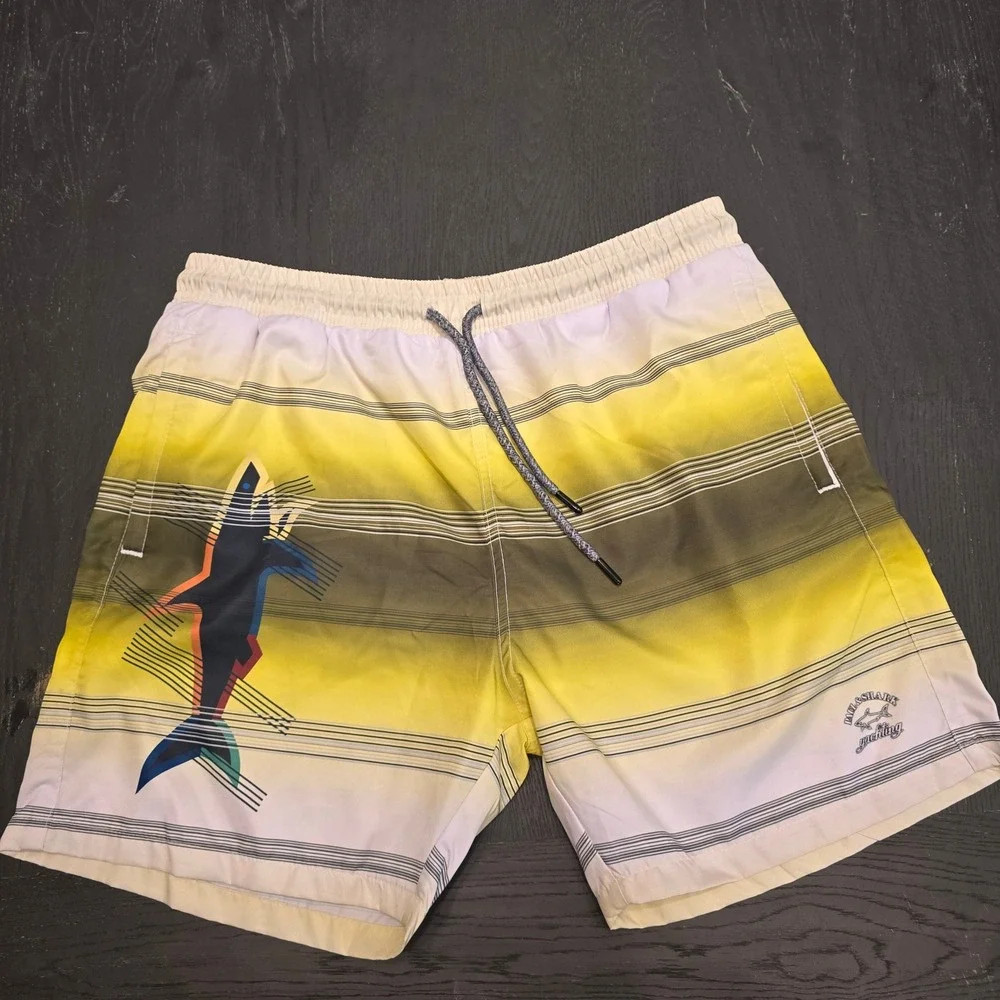 Paul & Shark Yachting Mens XL Swim‎ Trunks Yellow Striped Shark Graphic Shorts